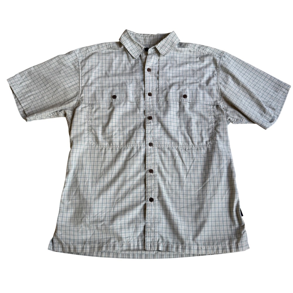 Patagonia Mens Short Sleeve Plaid Button Down Shirt Tan Green Hiking Size M - Picture 2 of 12